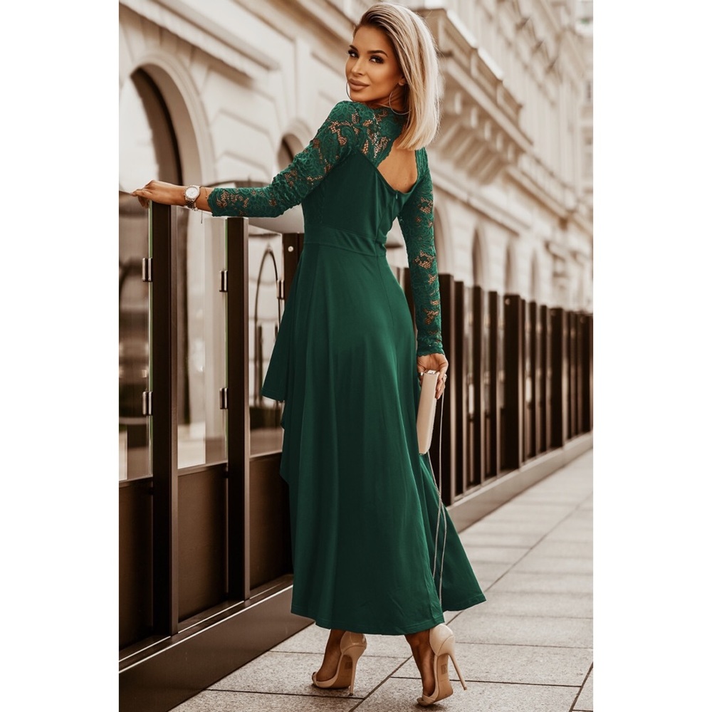 Green V-neck Long Sleeve Lace Backless High
and Low Hem Evening Dress - Picture 7 of 8